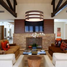 Neutral Transitional Living Room With Brick Fireplace