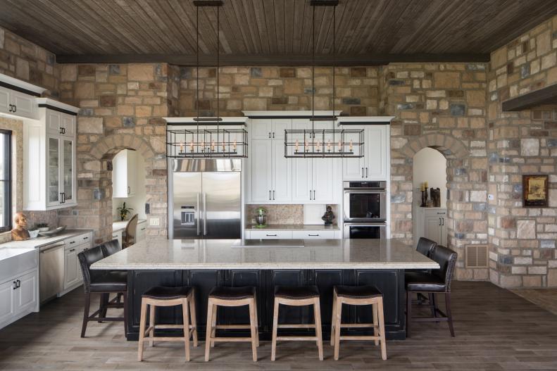 Rustic Brown & Neutral Stone Kitchen With Black Island