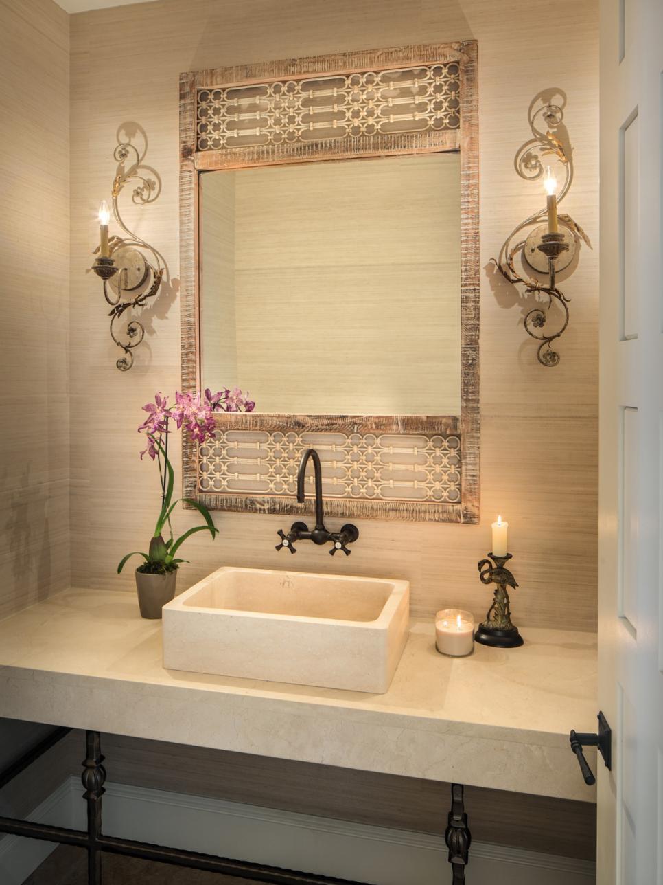 Powder Room With Framed Mirror, Silk Wallpaper & Marble Countertop | HGTV