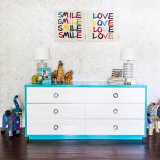 Fun Kids Room With Turquoise & White Dresser & Colorful Art
