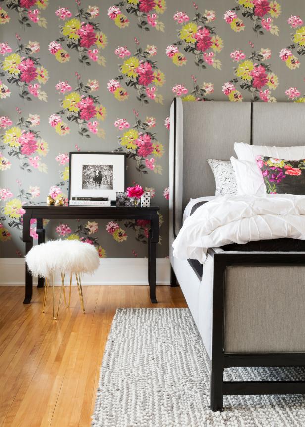 Transitional Bedroom With Pink, Green & Gray Floral Wallpaper