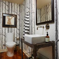 Stylish Black & White Bathroom Features Tree Print Wallpaper