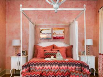 Elegant Girl's Bedroom Features Pink Venetian Plaster & Chevron Loveseat