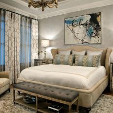 Serene Master Bedroom Features Upholstered Bed & Mirrored Nightstands