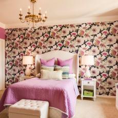 Pre-Teen's Pink and Purple Bedroom With Floral Accent Wall