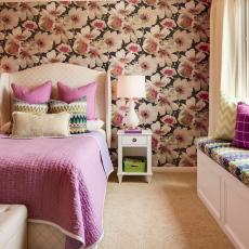 Pre-Teen Bedroom With Floral Wallpaper and Padded Headboard