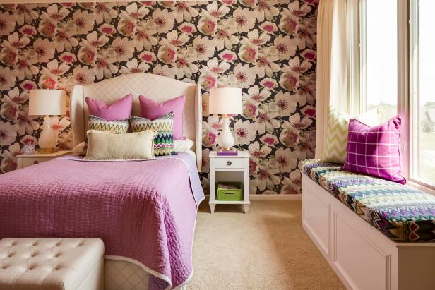 Pre-Teen Bedroom With Floral Wallpaper and Padded Headboard