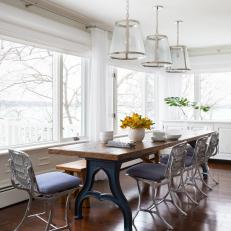 Neutral Transitional Dining Room With Blue Table