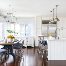 White Cottage Eat-In Kitchen With Metal Pendants