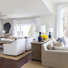 Neutral Transitional Living Room With Blue Lamps