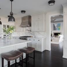 White Transitional Kitchen With Brown Barstools