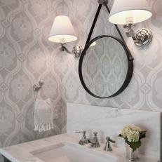 Gray Powder Room With Patterned Wallpaper
