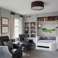 Gray Transitional Sitting Room With Leather Armchairs
