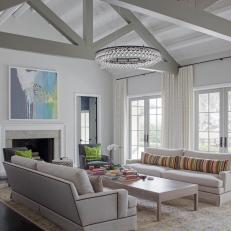 Gray Transitional Living Room With Chandelier
