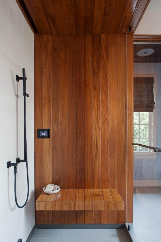 Wood Paneled Wall and Shower Bench HGTV