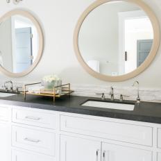 Transitional Double Vanity Bathroom With Round Mirrors