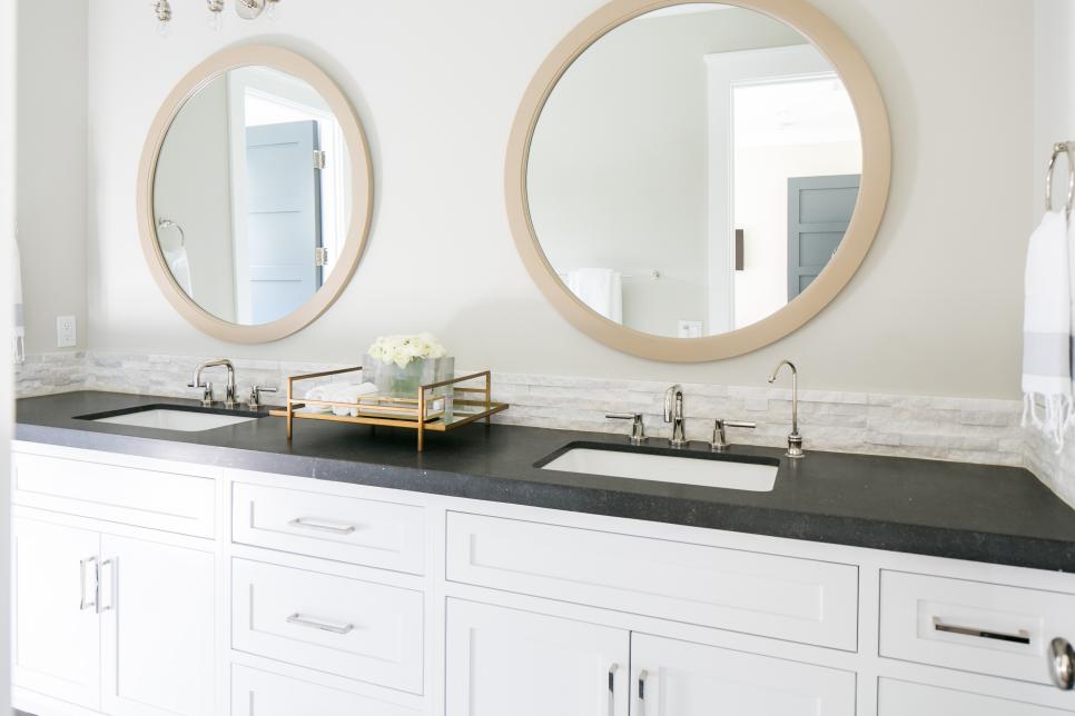 Transitional Double Vanity Bathroom, Round Mirrors For Double Sink Vanity