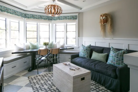 Transitional Neutral Living Area With Built-In Banquette and Sofa