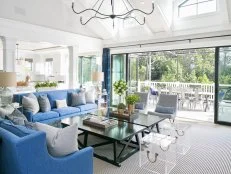 Transitional Neutral Living Room With Sliding Doors Open to Patio