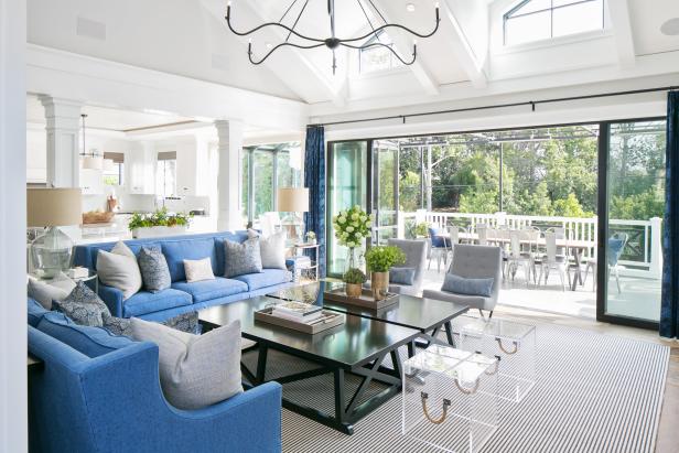 Transitional Neutral Living Room With Sliding Doors Open to Patio