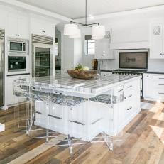Transitional White Kitchen With Fun Lucite Barstools