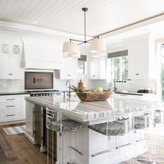 Transitional Kitchen Features Marble Island Countertop