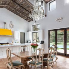 Rustic Wood Ceiling, Yellow Oven Hood Star in Farmhouse-Inspired Kitchen