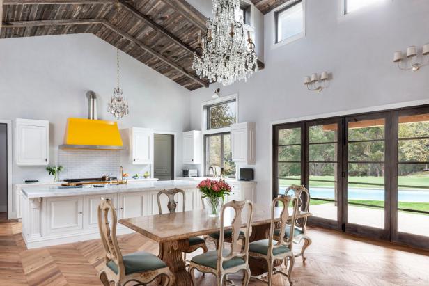 Rustic Wood Ceiling, Yellow Oven Hood Star in Farmhouse-Inspired Kitchen | HGTV