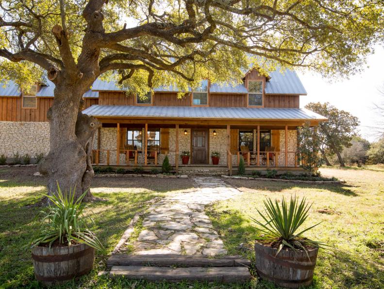 Fixer Upper Hosts Joanna and Chip Gaines updated the worn down, dated exterior of the Jonklaasâ   home by power washing, staining, and sealing the wood siding.   They also fixed a hole in the siding where there had been a large beehive.  Fresh landscaping, new sconces on the front porch and inviting rocking chairs help give the exterior a fresh look, as seen on HGTVâ  s Fixer Upper.  (After 2)