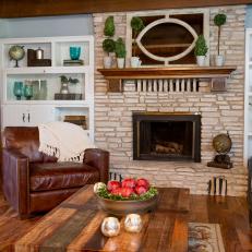 Natural Wood Coffee Table With Red Apple Centerpiece in Cozy Country Living Room