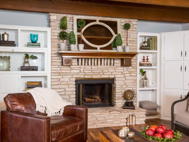 Built in Cabinetry, Textured Stone Fireplace Surround and Large Leather ...