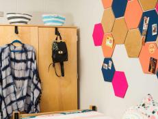 Personalized Dorm Room Decor With Hooks for Clothing and Bad Display and Painted Hexagonal Cork Boards 