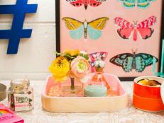 Gold and White Peony Wallpaper Dresser Top Under Pink Display Tray, Small Trinket Storage Containers and Butterfly Art