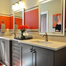 Modern Double Vanity Bathroom With Bold, Horizontal Stripe of Orange