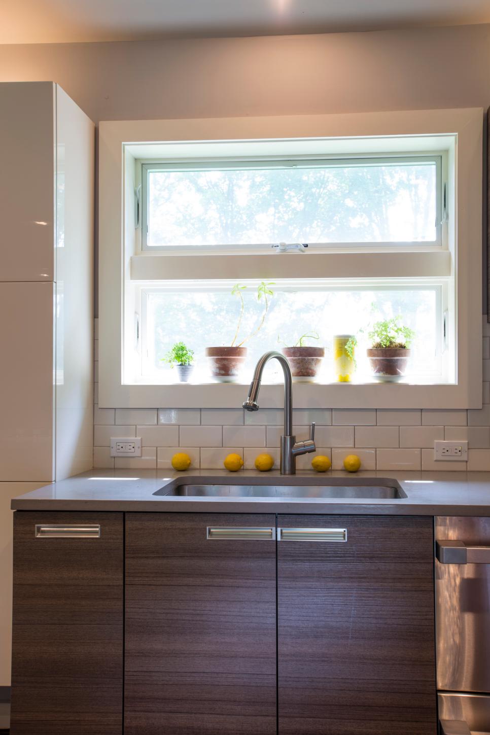 Contemporary Kitchen Sink With White Tile Backsplash, Woodgrain