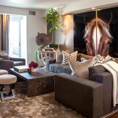 Living Room With Brown Sectional and Large Horse Portrait