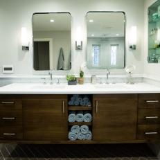 Long, Contemporary Floating Vanity with Double Sinks and Storage Shelves