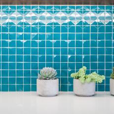 Close Up on Bright Turquoise Tile Backsplash with Subtle Diamond Design and Decorative Potted Succulents 