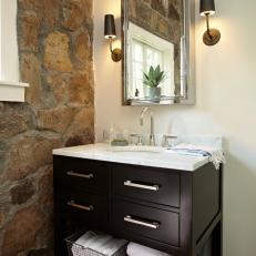 Bathroom With Stone Accent Wall & Contemporary Wood Vanity