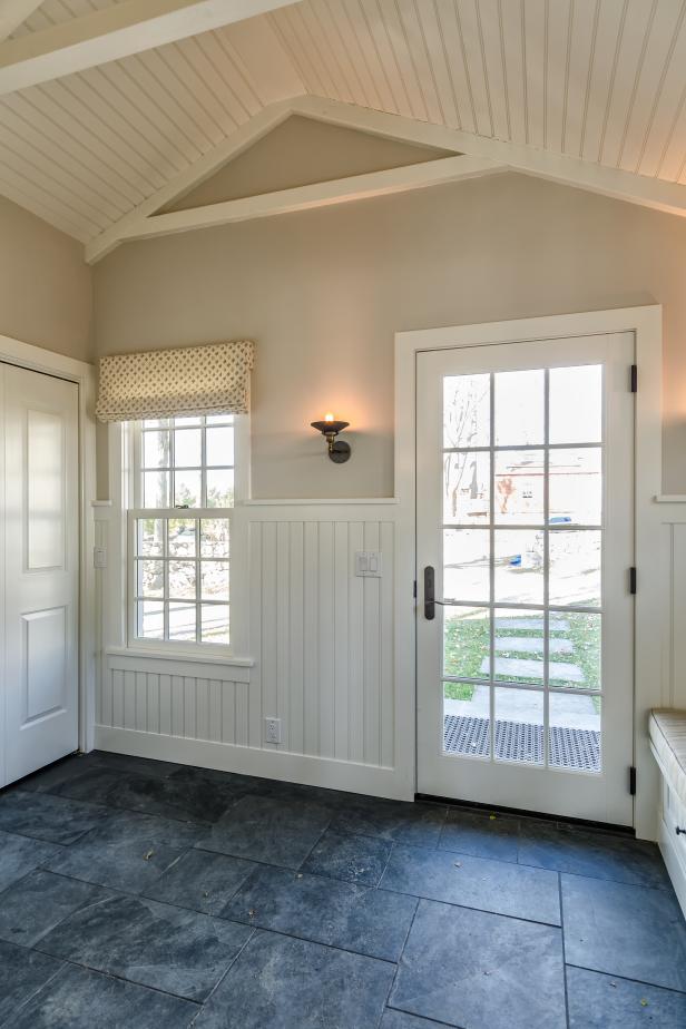 Mudroom With Beadboard Wainscoting And Gray Slate Floor Hgtv