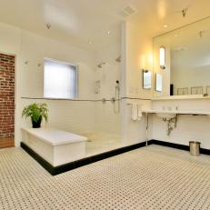 Loft Bathroom With Subway Tile, Open Shower & Double Vanity