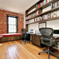 Loft Office With Built-In Bookshelves, Exposed Brick Walls & Window Seat 
