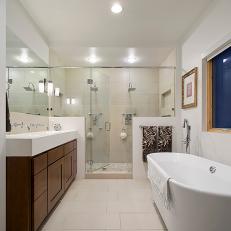 Modern, White Master Bathroom with Large Glass and Tile Shower and Freestanding Tub