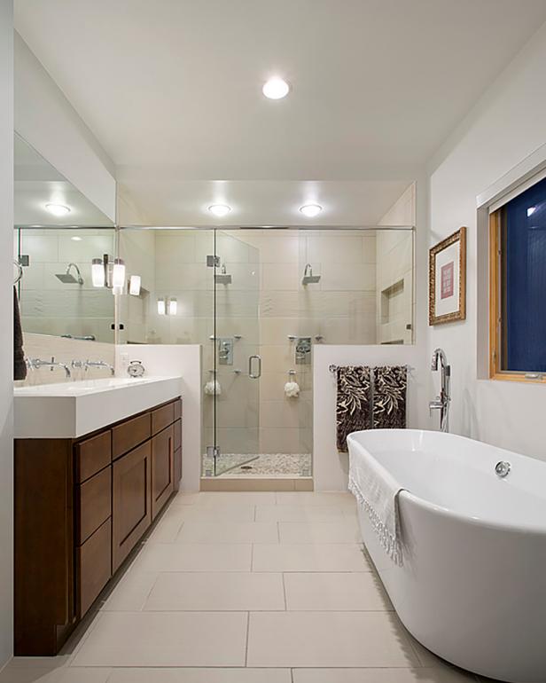 Modern, White Master Bathroom with Large Glass and Tile Shower and