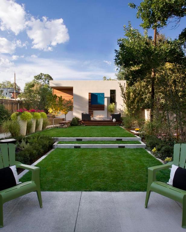 Backyard with Concrete Patio, Tiered Lawn Area, Trees and ...