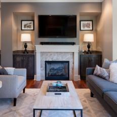 Living Room Features Gray, Neutral & Brown Color Scheme