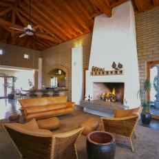 Great Room With Modern Fireplace, Exposed Ceiling Beams