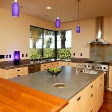 Contemporary Kitchen With Purple Pendant Lights