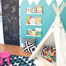 Contemporary Playroom Features Teepee & Chalkboard Paint Door
