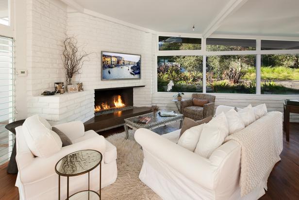 White Transitional Living Room With Fireplace